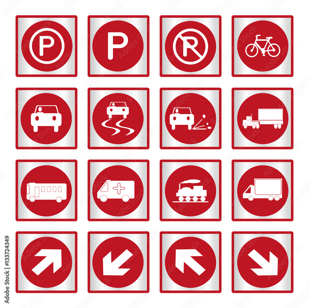 Metallic set red transport and road signs
