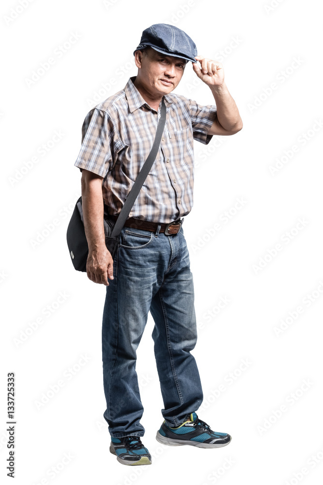 Portrait of a happy mature man with hat. Isolated full body on w Portrait of a happy mature man with hat. Isolated full body on w