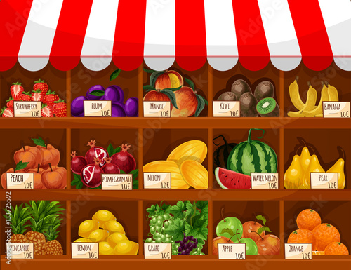 Fruit shop vector showcase stand with fruits
