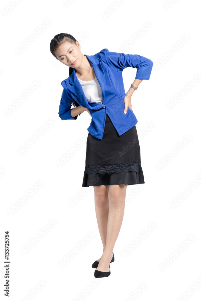 Portrait of a beautiful asian girl has lumbago. Isolated on whit Portrait of a beautiful asian girl has lumbago. Isolated on whit
