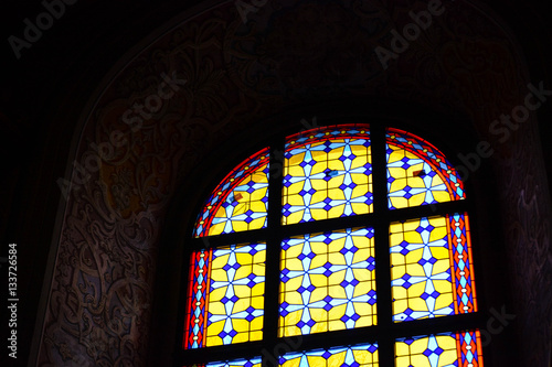 The Bernardine church and monastery (church of St. Andrew) in Lviv, Ukraine. Church and fortification was built in 1600-1630. Beautiful stained glass window. Religion and art concept.