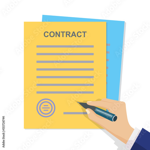 Business contract with signature. Flat style. Vector illuatratio
