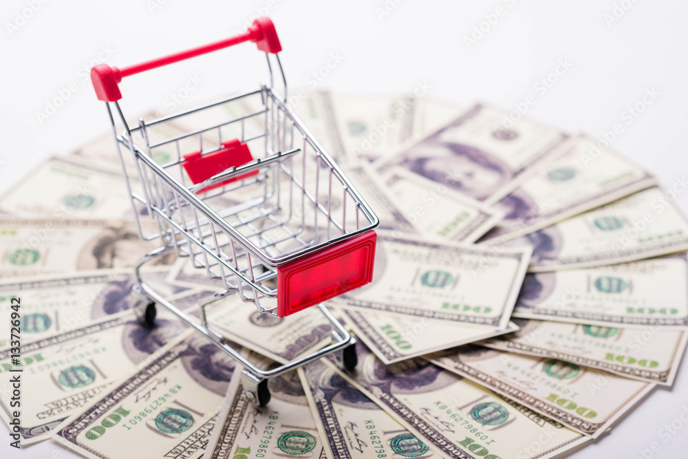 Shopping cart and dollar on the white background , online shopping concept Shopping cart and dollar on the white background , online shopping concept