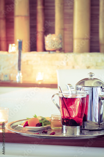 Rosehip tea near jacuzzi. Valentines background. Romance concept