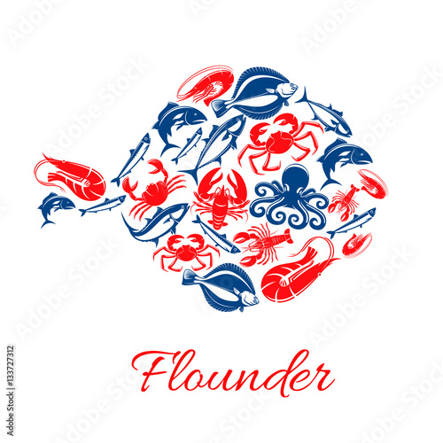 Seafood poster in shape of flounder fish symbol