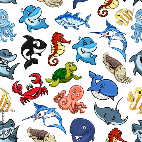 Cartoon sea animals, ocean fish seamless pattern
