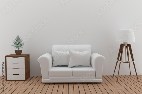 ouble white sofa in white room with lamp and tree in 3D render image