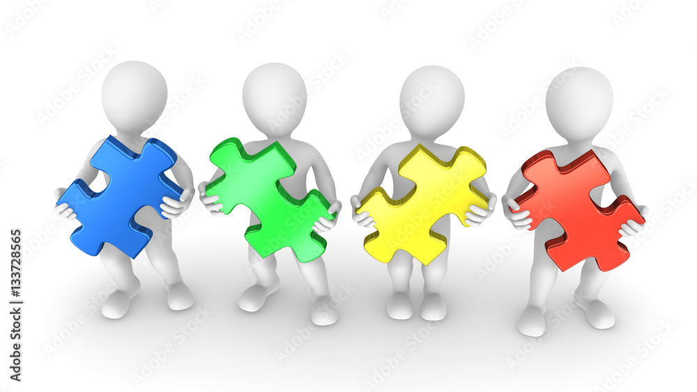 3d people with colored puzzle pieces in hands. Teamwork concept. 3d people with colored puzzle pieces in hands. Teamwork concept.