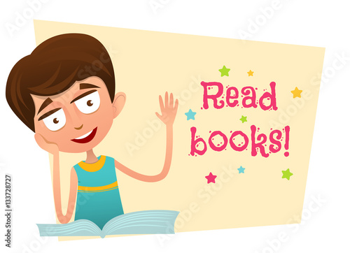Read books. Smart boy sitting with an open book and waving.