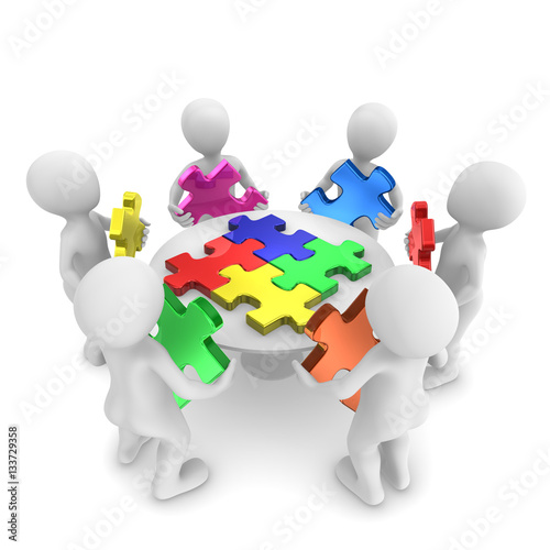 People with jigsaw puzzle, teamwork concept. 