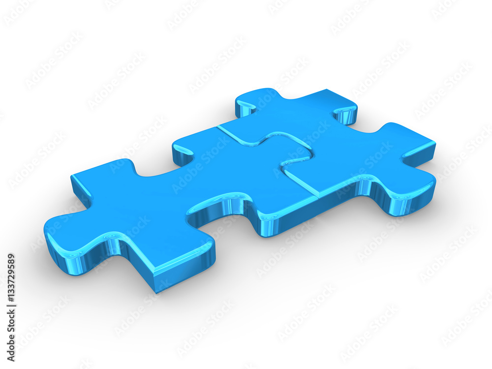 2 connected blue puzzle. 3d render. 2 connected blue puzzle. 3d render.