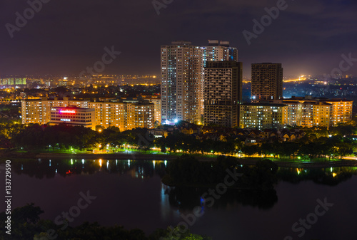 Aerial view of Hanoi skyline at West Lake ( Ho Tay in Vietnamese), at twilight © Hanoi Photography