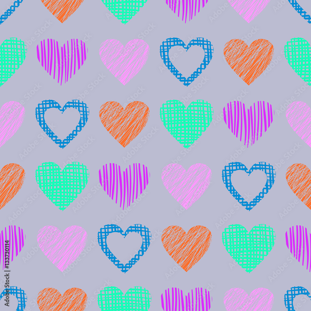 Seamless vector pattern with hearts. endless symmetrical background with hand drawn textured figures. Graphic illustration Blue Template for wrapping, web backgrounds, wallpaper