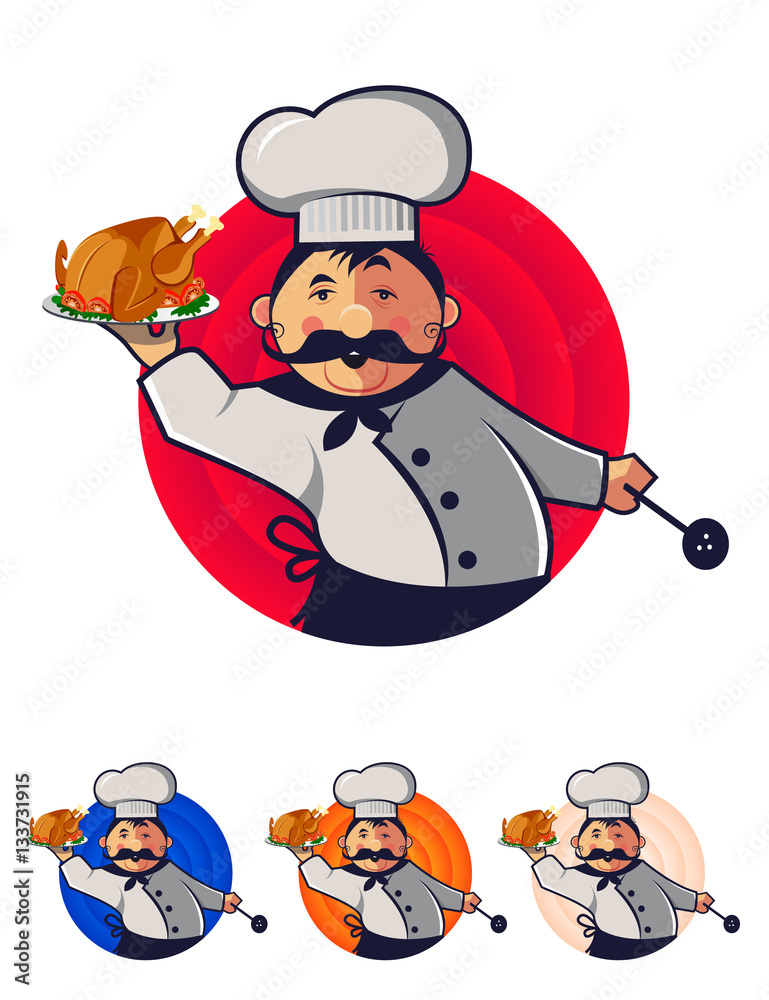 Chef presentation new chicken dish on plate. 4 colorful backgrou Chef presentation new chicken dish on plate. 4 colorful backgrou