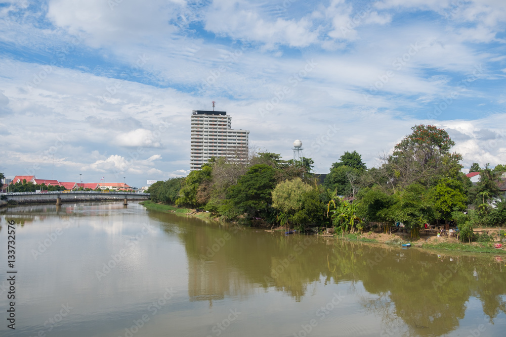 River in an asian city with skyline