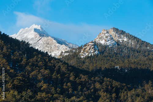 Stone rock in snow. In Kazakhstan Natonal park Burabay (Borovoe)