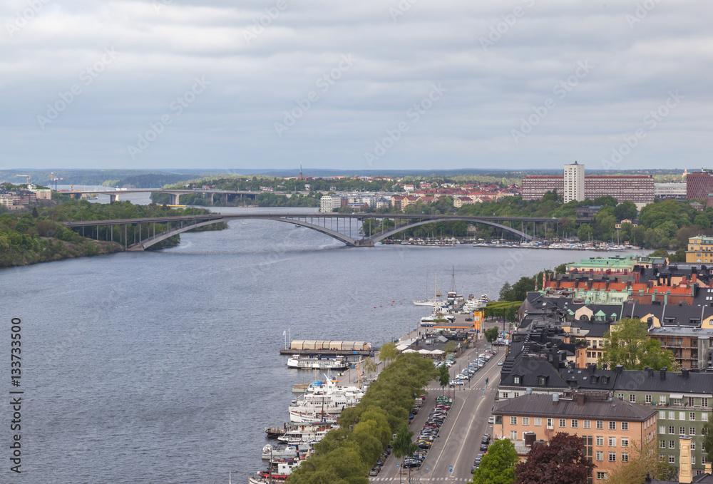 Aerial view of central Stockholm with two bridges in background, Sweden