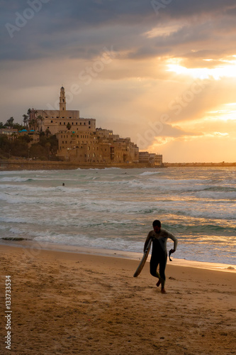 Mediterranean - Surfer at Sunset - Jaffa, Israel