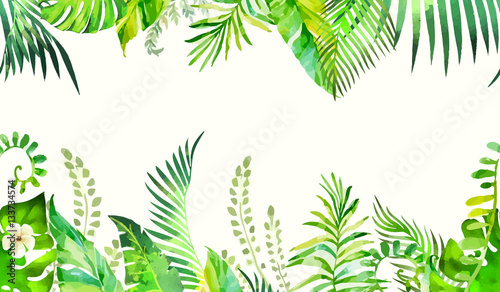 Watercolor tropical palm leaves seamless pattern. Vector illustration.