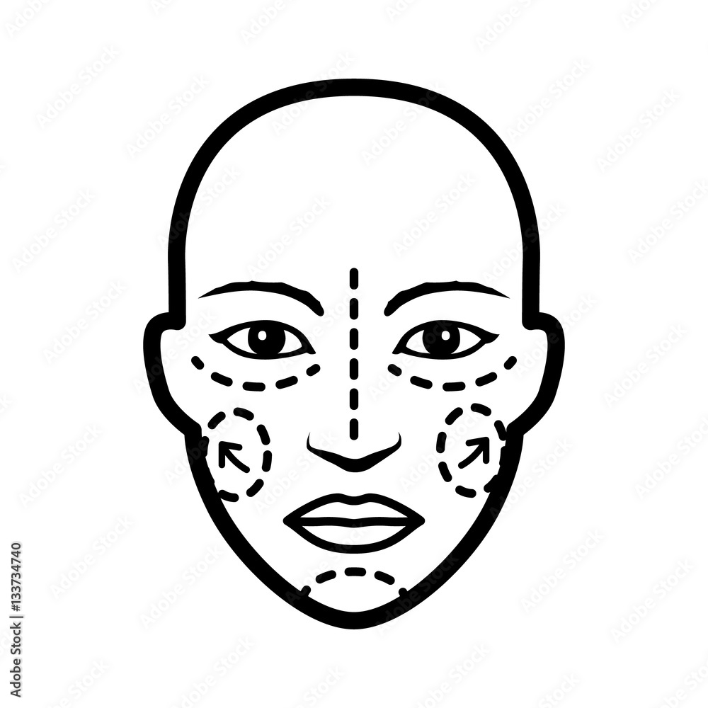 Plastic / cosmetic surgery on face with dotted lines flat vector icon for medical apps and websites