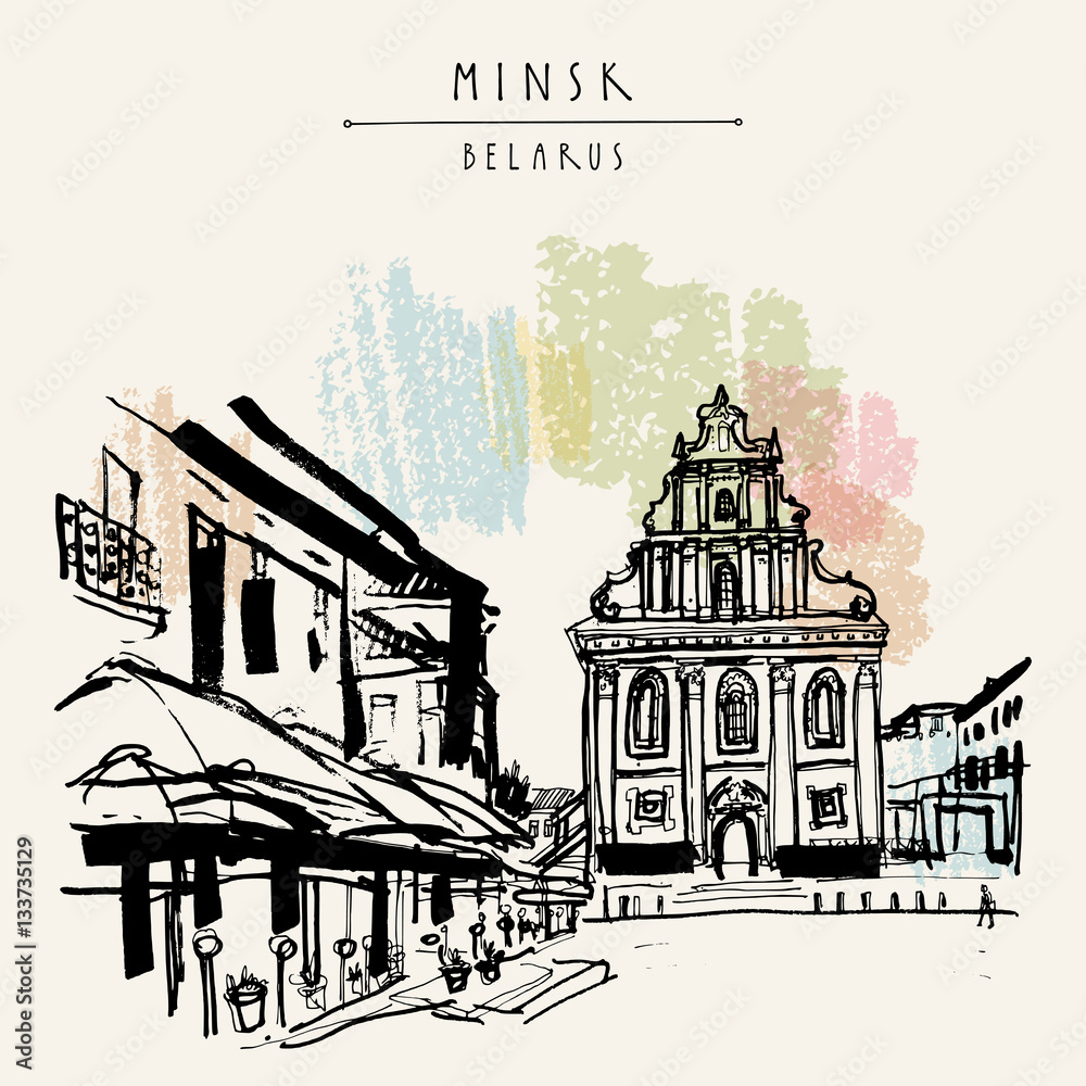 Minsk, Belarus, Europe. Old town square. Hand drawn postcard