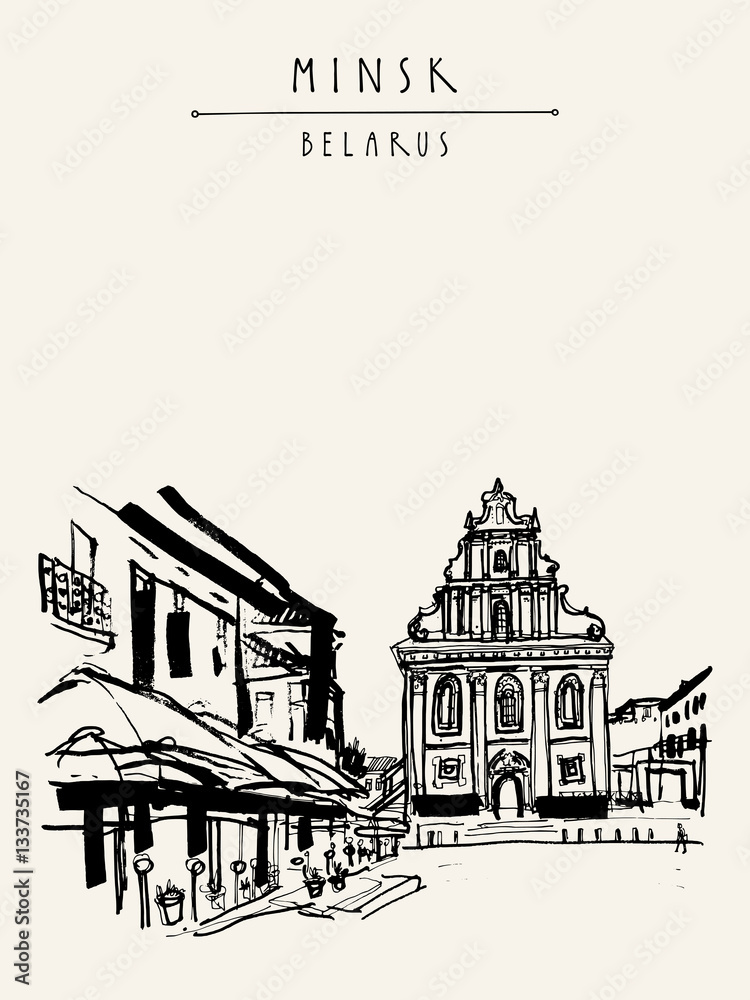 Minsk, Belarus, Europe. Old town square. Hand drawn postcard
