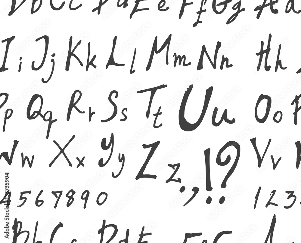Hand drawn doodle letters and decorative elements seamless pattern. Black and white background... Hand drawn doodle letters and decorative elements seamless pattern. Black and white background...