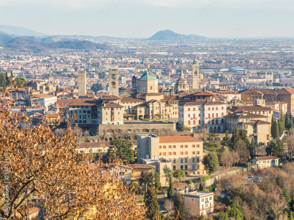 Bergamo - Old city (Citta Alta). One of the beautiful city in Italy. Lombardia. Landscape of the old city from San Vigilio hill during a beautiful day.
