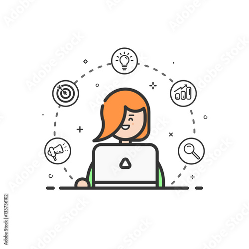 Vector illustration of colored icon in flat line style. Linear cute and happy girl with laptop. Graphic design concept of marketer woman use in Web Project and Applications Outline isolated object.