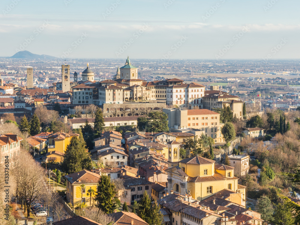Bergamo - Old city (Citta Alta). One of the beautiful city in Italy. Lombardia. Landscape of the old city from San Vigilio hill during a beautiful day.