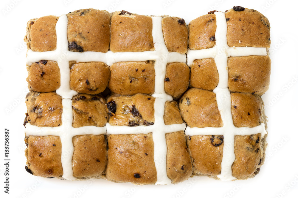 Fototapeta premium Hot Cross Buns Top View Isolated on White
