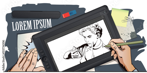 Girl scolds smartphone. People in retro style.