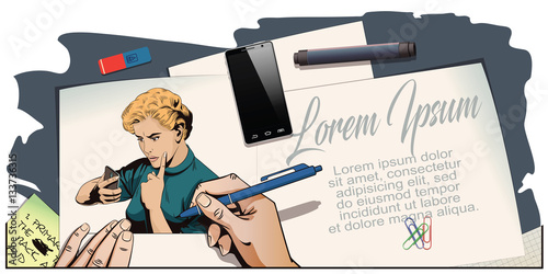Girl scolds smartphone. People in retro style.