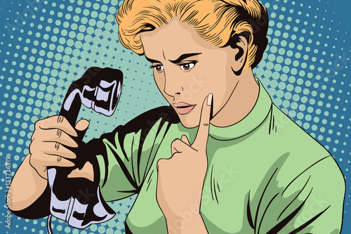 Girl scolds handset old phone.