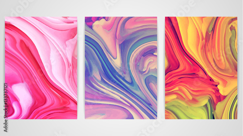 Three paintings with marbling. Marble texture. Paint splash. Colorful fluid. It can be used for poster, brochure, invitation, cover book, catalog. Size A4. Vector illustration eps10