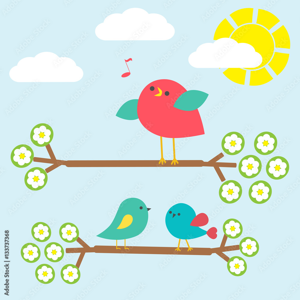 Set of cute birds on springtime branches
