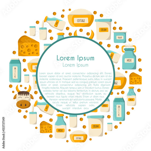 Vector illustration with cartoon milk products background. Milk intolerance or lactose free concept. Vector cartoon dairy products. Natural organic milk production. Farm diary production background
