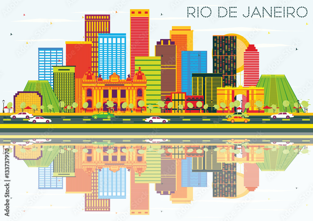 Fototapeta premium Rio De Janeiro Skyline with Color Buildings, Blue Sky and Reflections.