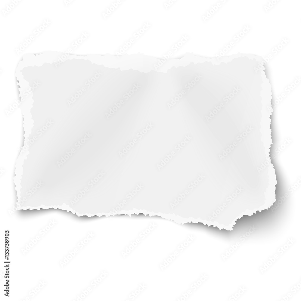 Vector rectangular ragged torned paper scrap with soft shadow placed on white background