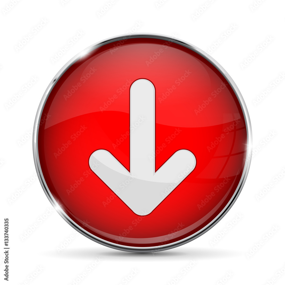 Round red button with DOWN arrow with metal frame Round red button with DOWN arrow with metal frame