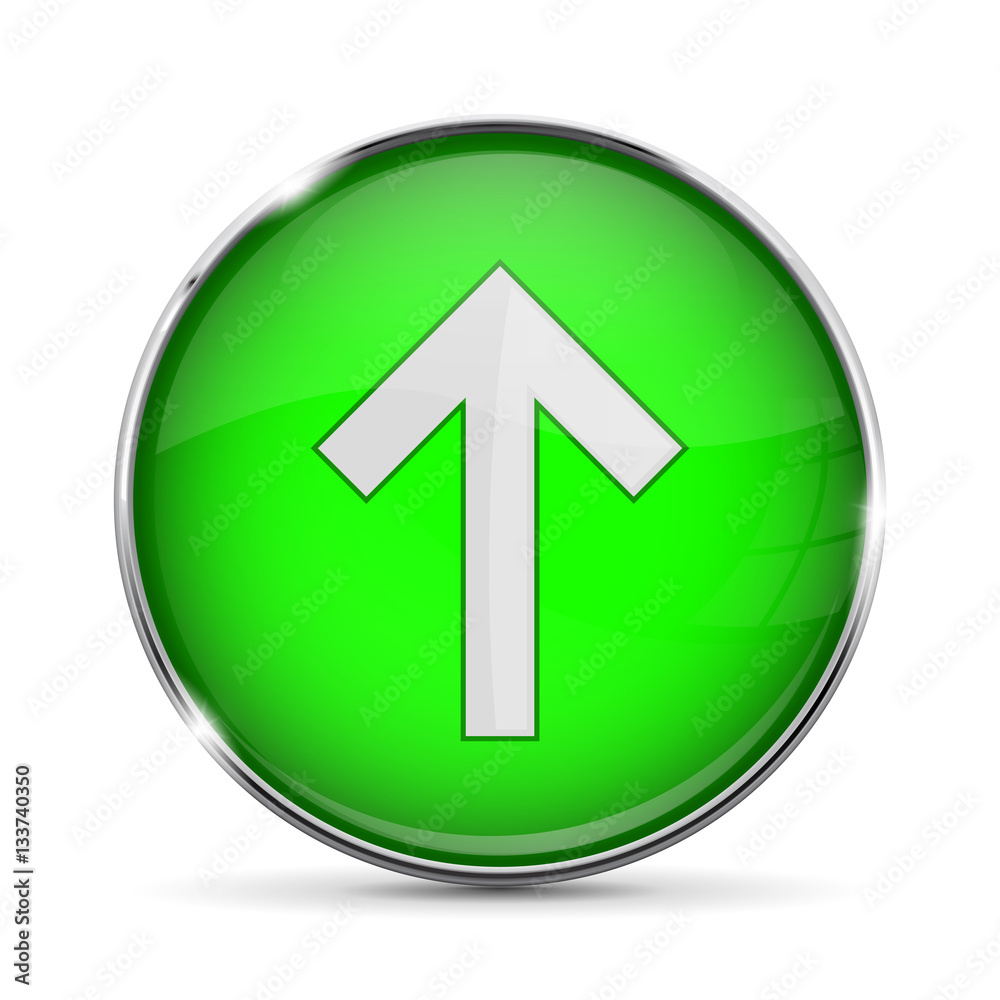 Round green button with UP arrow with metal frame Round green button with UP arrow with metal frame