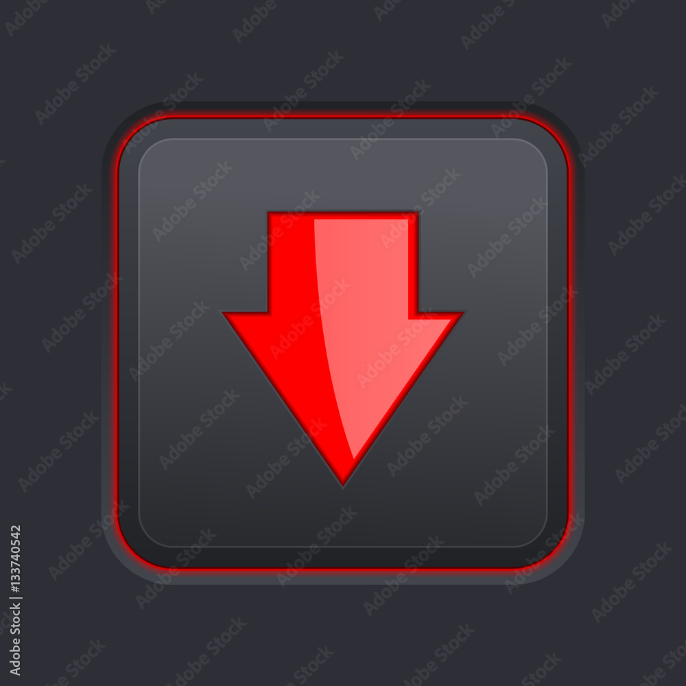 DOWN arrow black button. Red sign DOWN arrow black button. Red sign