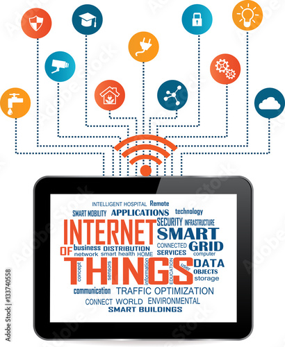 Modern Tablet PC with Cloud of relevant words illustrating Internet of Things with different icon and elements in background. Internet of things concept