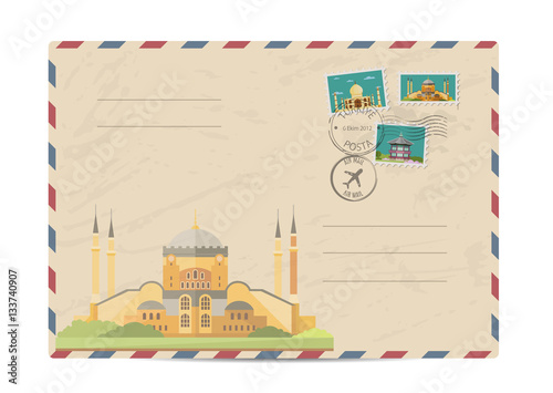 Saint Sophie Cathedral in Istanbul, Turke. Postal envelope with architectural composition, postage stamps and postmarks on white background vector illustration. Postal services. Envelope delivery