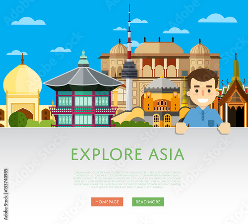 Explore Asia template with smiling tourist on background of famous traditional and modern attractions. Travel lifestyle concept with historic architectur. Asian landmarks. Discover new places