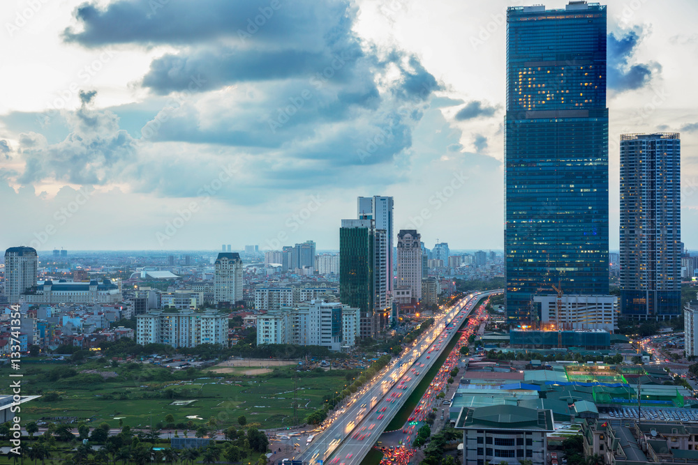 Fototapeta premium Aerial view of Hanoi cityscape at night
