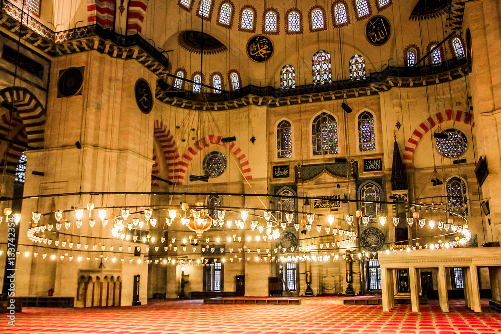 Interior of the Suleymaniye Mosque. Istanbul, Turkey