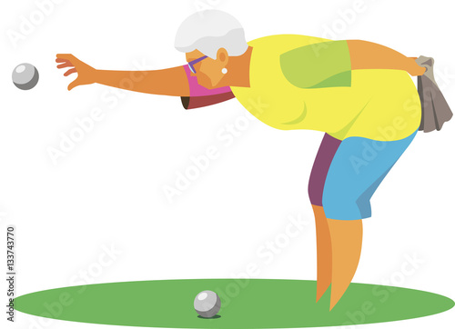 old woman throws a ball in an old French game petanque