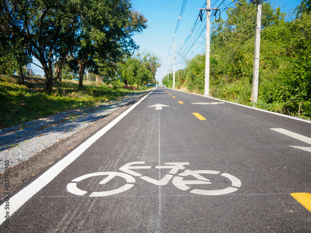 Obraz premium While bicycle sign and symbol on bicycle lane or asphalt road