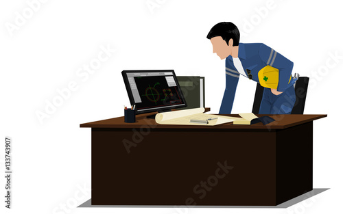 An Engineer is checking drawing on transparent background
